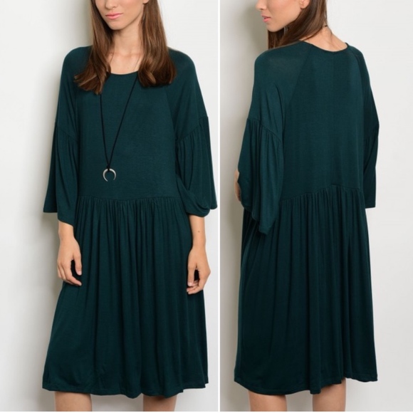 Scoop Neck Long Bell Sleeve Draped Dress. - Picture 1 of 3